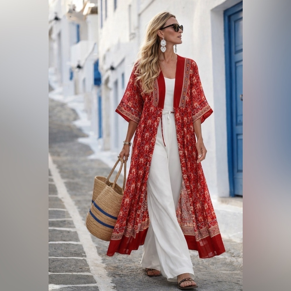 Summer wear Red Bohemian Maxi Duster cover xs ptp 16.5”